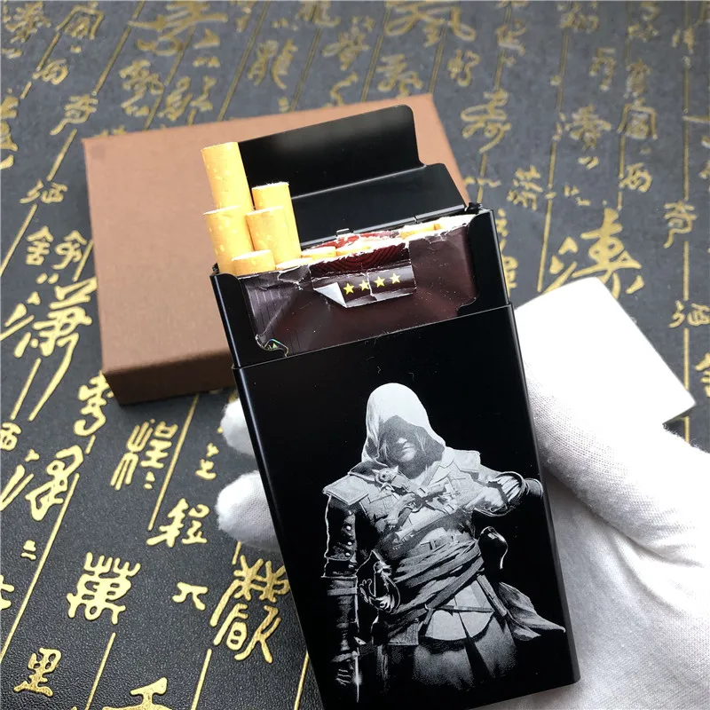 

Personalized DIY Assassin American style Cigarette Boxes Laser Engraved Metal Cigarette Case Men Pocket Smoking Automatic Boxes