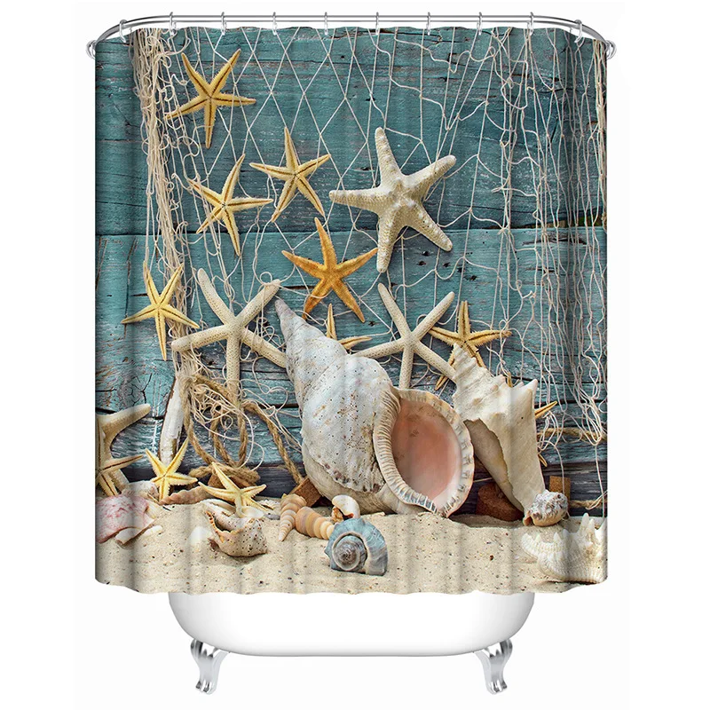 Starfish Print Waterproof Shower Curtain Polyester Fabric Fishing Net