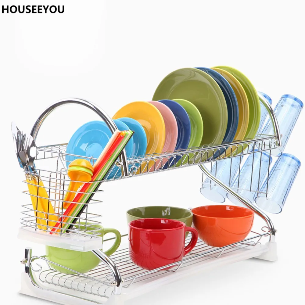 

2 Layers Chrome Dish Drying Rack Bowl Plate Tray Kitchenware Saver Drainer Dish Rack Kitchen Storage Shelf Home Storage Supplies