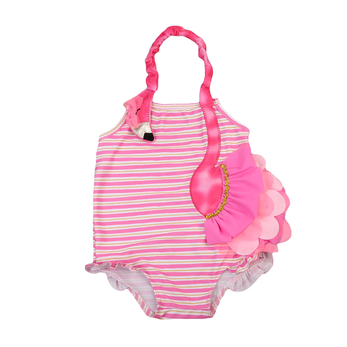 

2017 Summer Embroidery Flamingo Cosutme Striped Swimsuit Halter Swimwear Girls Size 2-7T