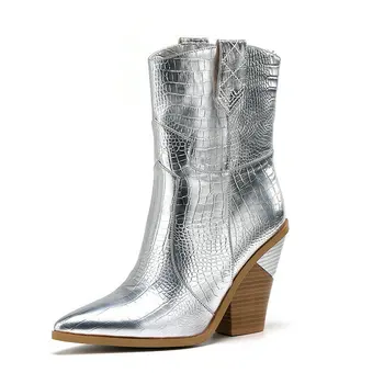 

Gold Silver Fashion Ankle Boots Pu Leather Women Pointed Toe Western Cowboy Boots Women Mid-calf Square Heel Wedges Boots Black