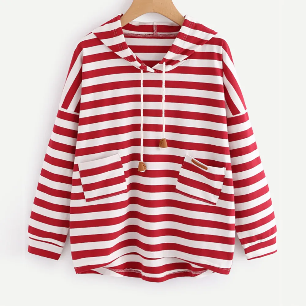 Red Black Striped Printed Harajuku Hoodies Long Sleeve Double Pockets