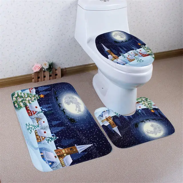 2017 NEW Winter Flannel Snowman Santa Claus Bathroom Mat Set