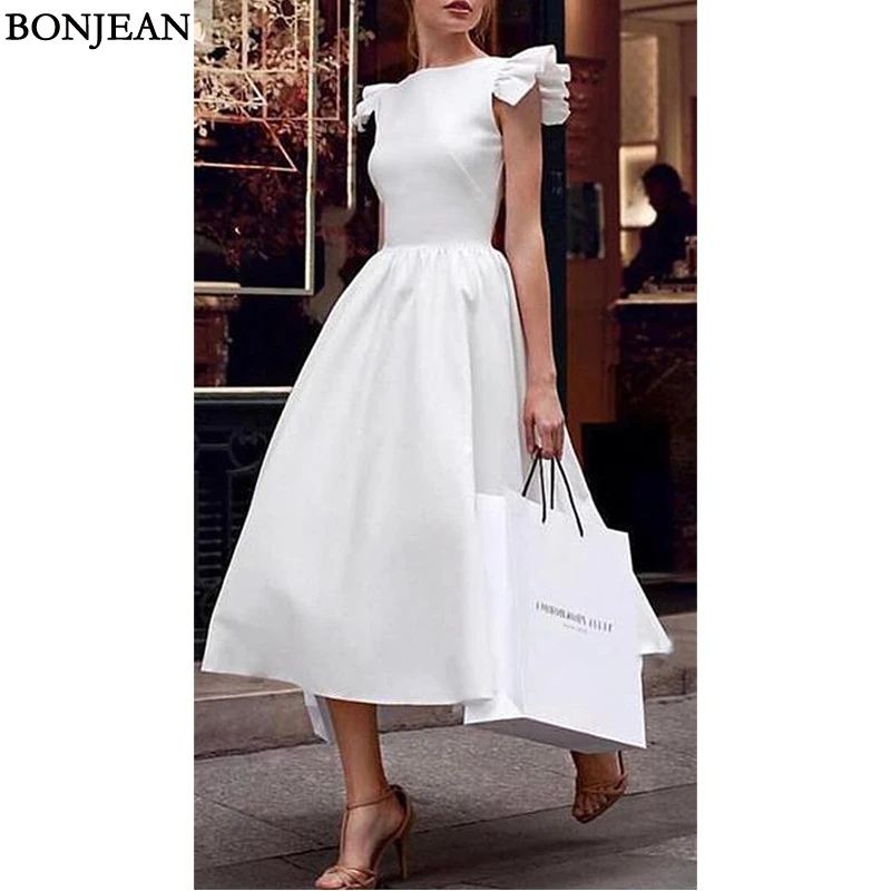 

Elegant Popular White Ruffled Evening Dresses A-Line Sleeveless Evening Gowns Custom Made Vestido de noche