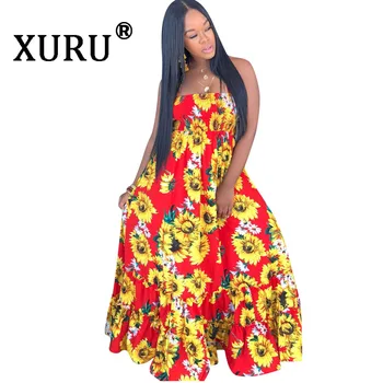 

XURU Summer New Hot Women's Dress Sunflower Print Sling Dress Large Long Dress