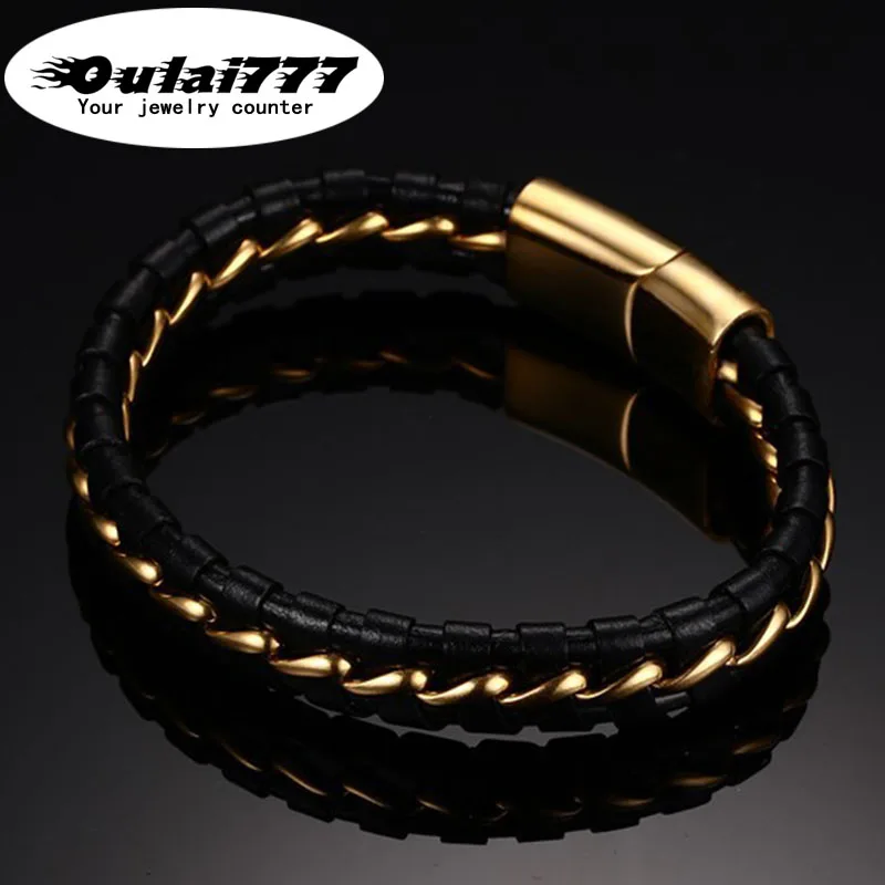 Oulai777,, кожаные браслеты из нержавеющей стали для мужчин, мужской браслет, цепочка на руку, аксессуары, цепочки, черное золото