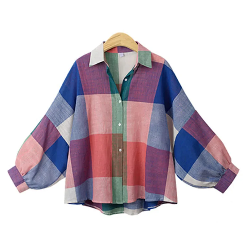 

New 2019 Autumn European Style Women Long Bat Sleeve Blouse Plus Size Loose Plaid Female Shirts All-match Street Brand Tops