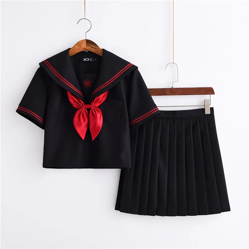 Красная Сакура вышивка японская Униформа черный милый матроска Топы плиссированные юбки полный наборы Косплей Костюм JK S-XXL