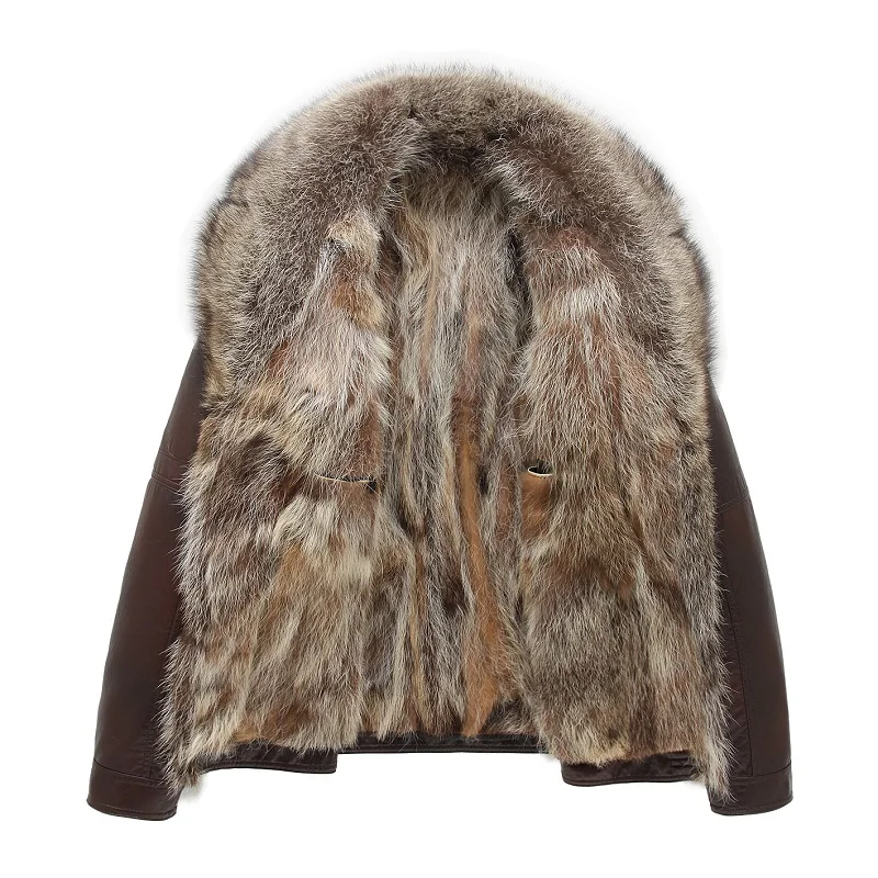 

Winter Real Raccoon Fur Coats Mens Winter Leather Jackets Shearling Tops Warm Outwear Overcoat High Quality Larger Size Black