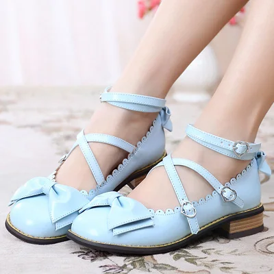 

Womens Lolita Ankle Cross Strappy Low Heel Oxford Mary Janes Bowknot Shoes Sweet Cosplay 10Colors Plus Size A592