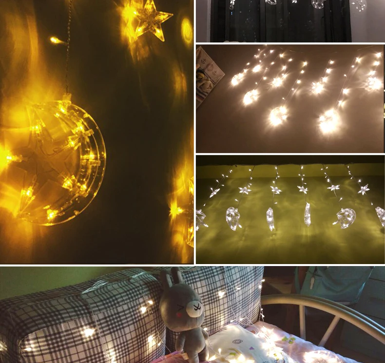 Ficha de Natal Estrela e Lua Decoração para Festa de Casamento Levou Cortinas Luzes Indoor - Outdoor Luz Férias 2.5 m 220 v ue 15 decorative lights