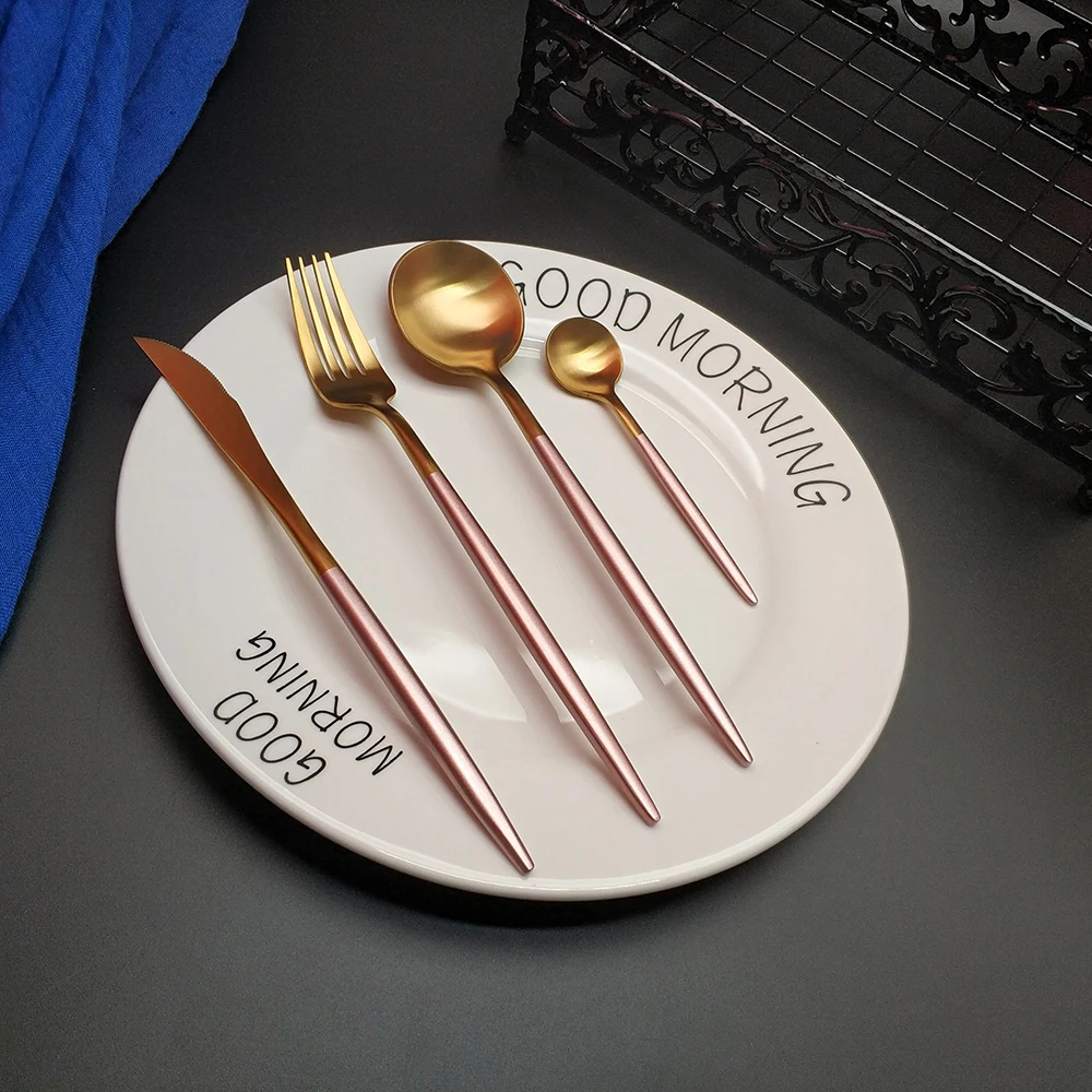 

Hot Sale 4pcs Pink Gold Western Cutlery Dinnerware Kitchen 304 Stainless steel Knife Fork Spoon Food Tableware Flatware Set