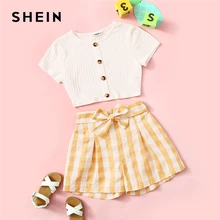 SHEIN/Детская футболка с пуговицами спереди в рубчик и шорты в мелкую клетку с поясом милый комплект г. Летняя повседневная одежда с короткими рукавами и широкими штанинами