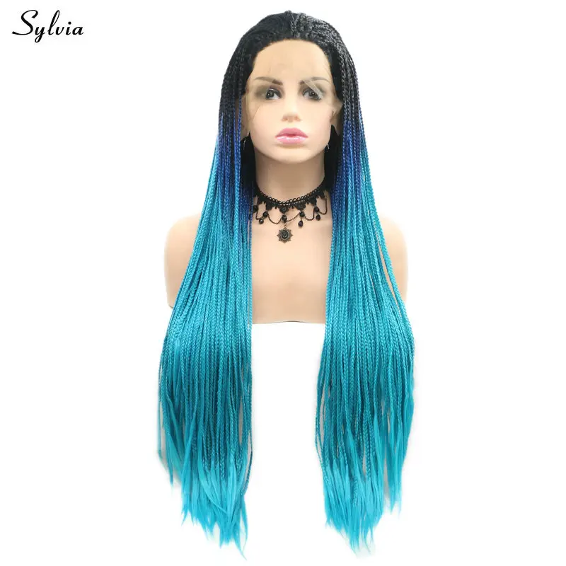 

Sylvia Black Ombre Dark Blue Braided Box Braids Wig Synthetic Lace Front Wig Heat Resistant Wigs Cosplay For Women Braided Wigs