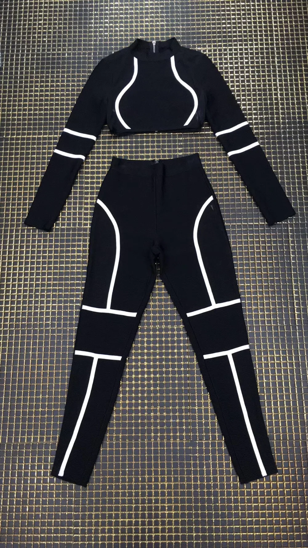 Черный две 2 шт лоскутное Mesh выдалбливают Bodycon Мода бинты комбинезон Verano Cubwear знаменитости вечерние