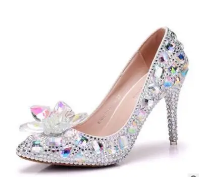 Новая свадебная обувь Золушки на высоком каблуке 9,5 см со стразами женские туфли-лодочки женские элегантные свадебные туфли-лодочки с острым носком и кристаллами - Цвет: Белый