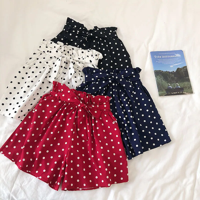 Летние шифоновые шорты в горошек Женские 2019 шикарные милые кружевные с бантом и