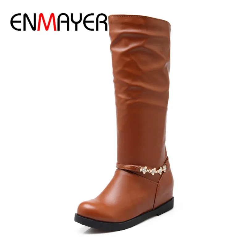 

ENMAYER Winter Mid-calf Round Toe Flats Rhinestion Platform Boots Women Low Heels Casual Shoes Slip On Height Increasing Boots