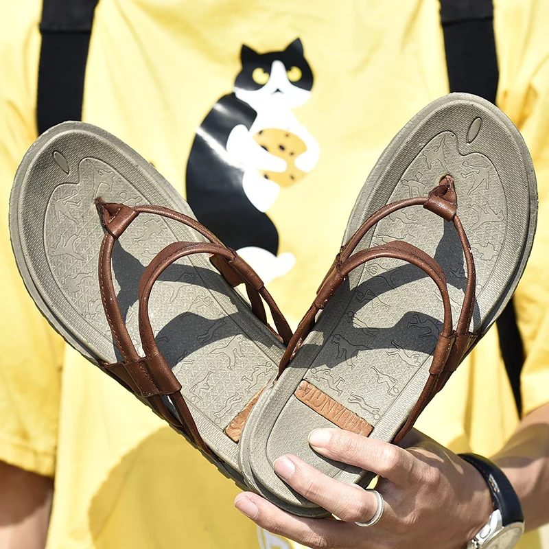 Пляжные водонепроницаемая обувь бренд сланцы из натуральной кожи мужские пляжные сандалии свадебные Модные мужские кожаные сандалии