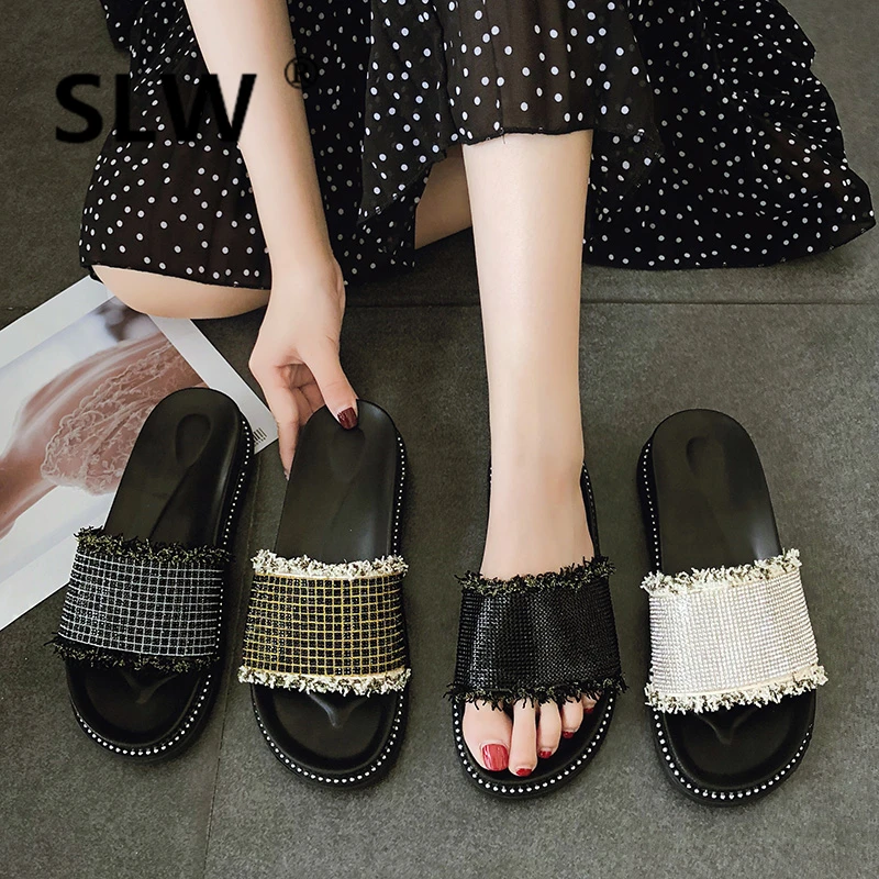 

Women's Slippers 2019 Shoes Without Heel Platform Glitter Slides New Flat Crystal Luxury Sliders Rome Fashion PU
