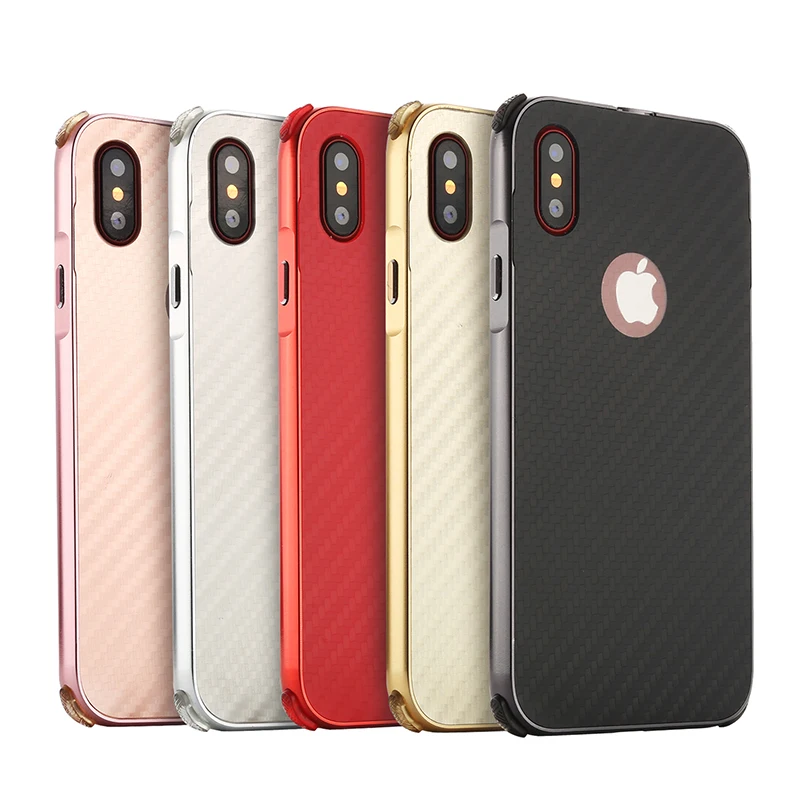 

For Apple iphone X Case Aluminum Metal Frame+Carbon Fiber Hard Back Cover Case for iphone X Play Shockproof Phone Shell
