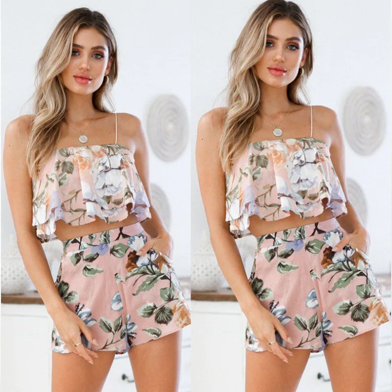 

2019 New Ladies Summer Sexy Print Strap Shorts Suit High Waist Shorts