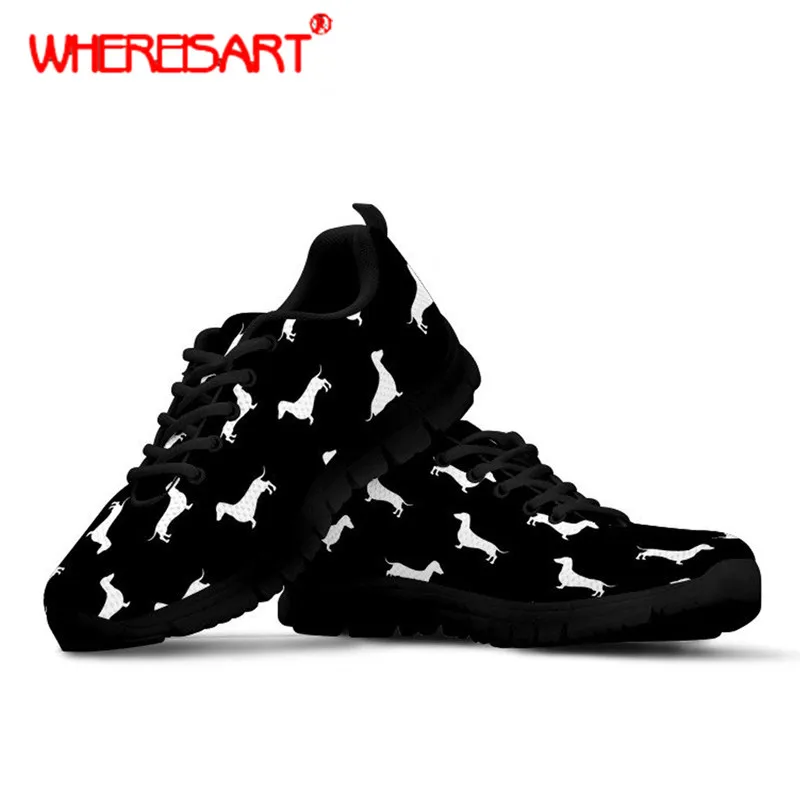 

WHEREISART Cute Women's Doxie Dachshund Dog Printing Sneakers for Teenagers Breathable Mesh Shoes Feminine Lace-up Spring Flats