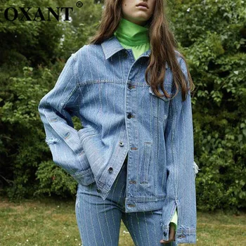 

OXANT Striped Diamonds Denim Jacket For Women Long Sleeve Basic Coat Tops Female Casual Fashion Tide 2019 Autumn