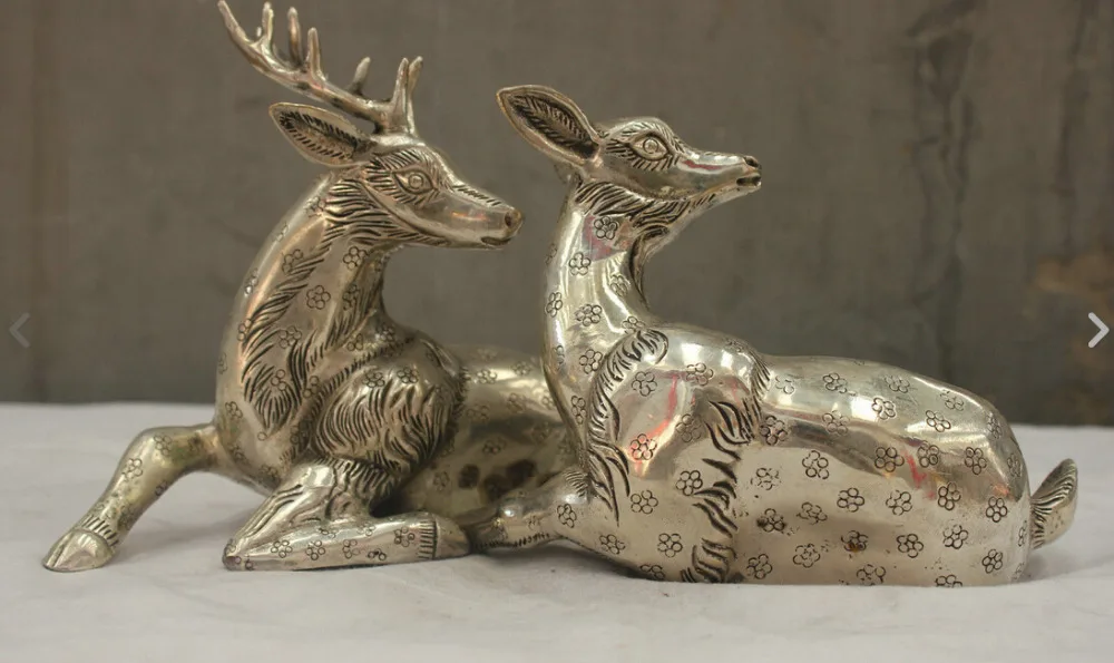 

Chinese Folk Culture HandMade Silver Bronze statue One pair of deer Sculpture