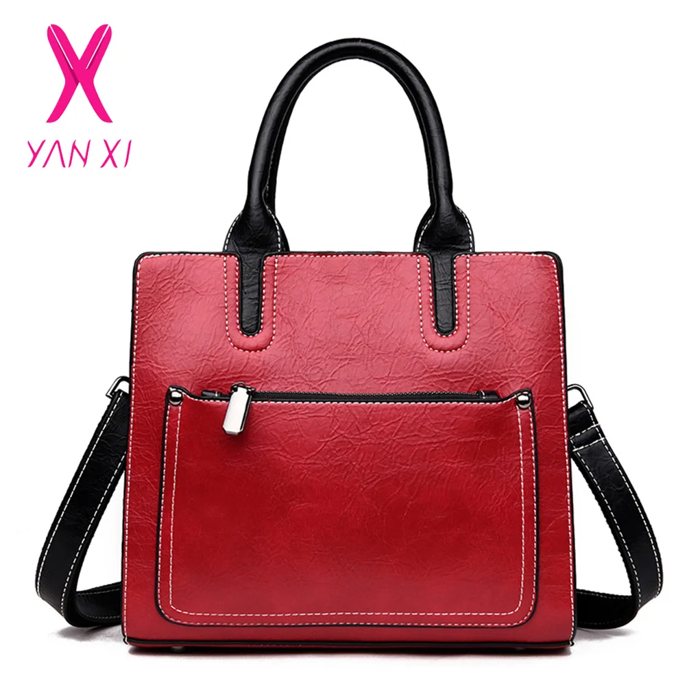 

YANXI Casual High Quality Bags Womens PU Leather Handbags Large Capacity Retro Vintage Hand Top-Handle Bags Solid Shoulder Bag