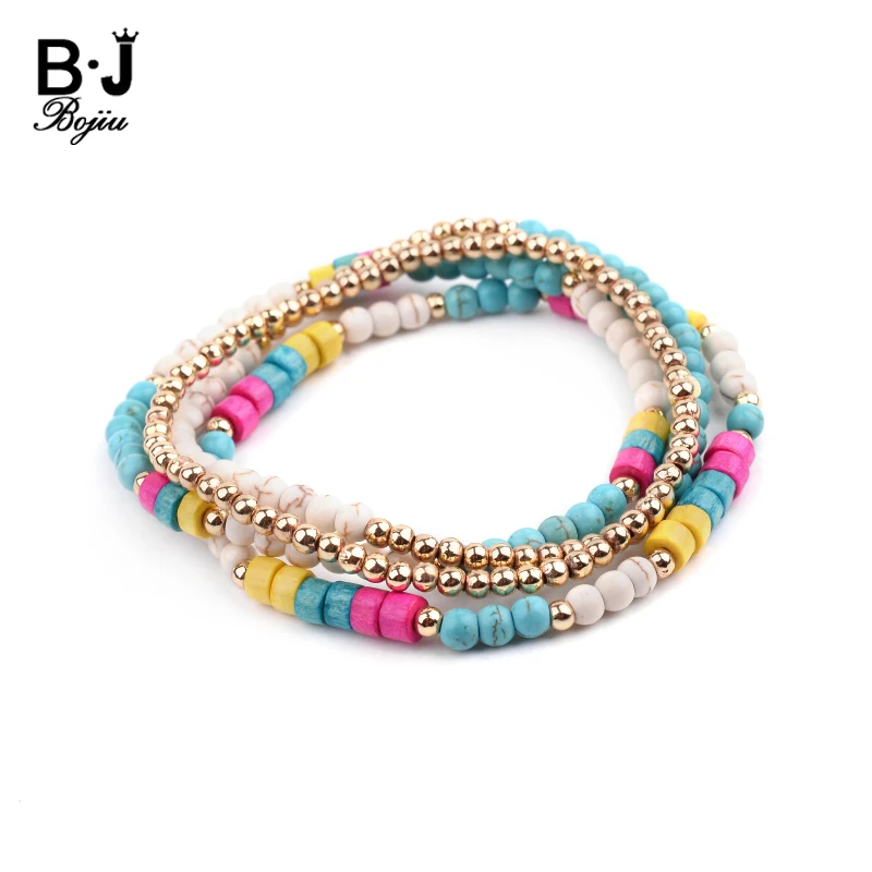 4 Pcs/Set Multilayer Elastic Casual Womens Bracelets Cute Tiny Natural Turquoises Stone Plastic Beads Femme BCSET291 | Украшения и