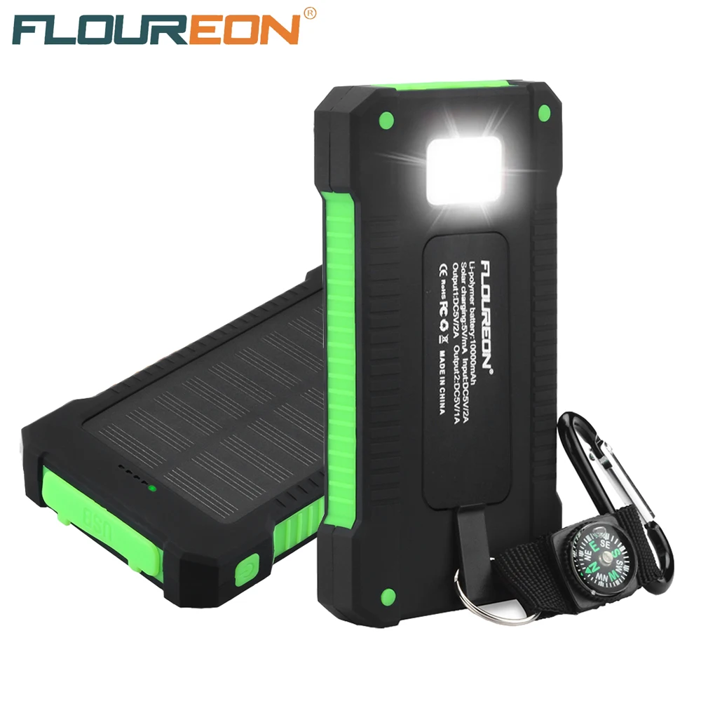 Floureon Solar Power Bank 10000mAh Dual USB 5V 2A Output External Battery Pack Solar Charge LED
