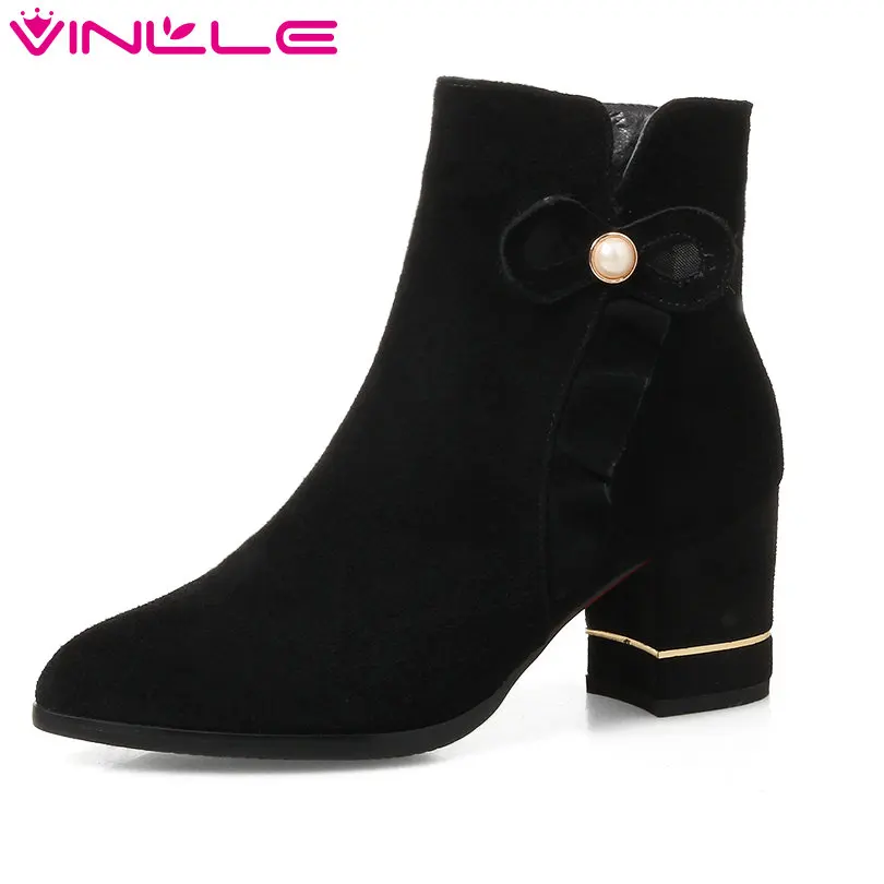 

VINLLE 2018 Women Shoes Ankle Boots Square High Heel Winter/Autumn Black Pointed Toe Ladies Motorcycle Shoes Size 34-43