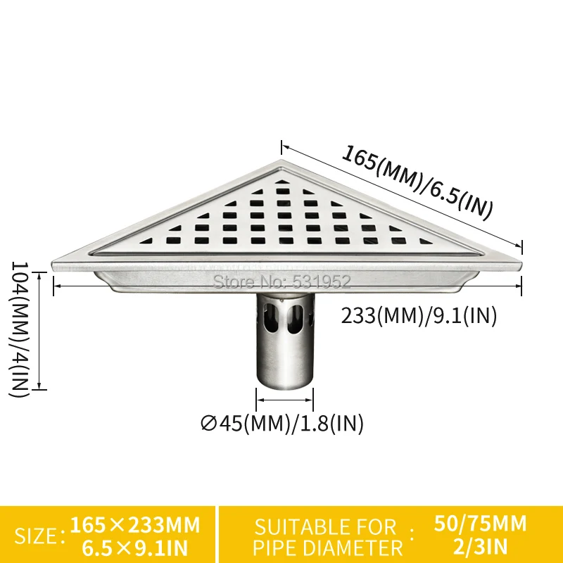 Треугольный угол стены 304 из нержавеющей стали напольный душевой водоотводный сток отходов решетки трап 233 мм* 165 мм 304 Нержавеющая сталь анти-запах
