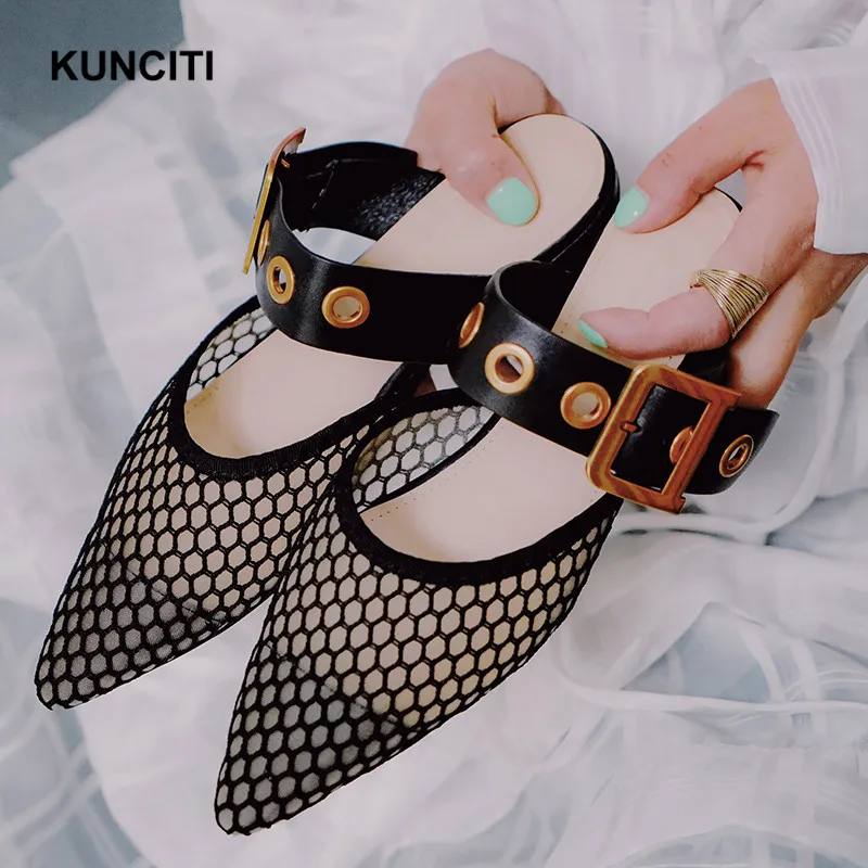 

2019 KUNCITI Air Mesh Low Heel Mules Shoes Pointy Toe Ladies Fashion Slides Newest Summer Slides Women Buckled Slippers T977