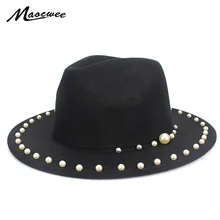 Женские шапки Jazz Fedoras повседневные однотонные черные женские винтажные мягкая фетровая шляпа с широкими полями с жемчужным бантом Осенняя шляпка с узкими полями гибкий колпак шляпа