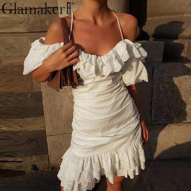 

Glamaker Ruffles hollow out white dress Women off shoulder elegant short winter dress Party club autumn female bodycon dress