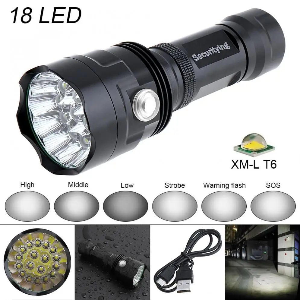 

SecurityIng Waterproof Outdoor Super Bright 18x XM-L T6 LED 9000LM Flashlight Torch with 6 Modes Light Support USB charging