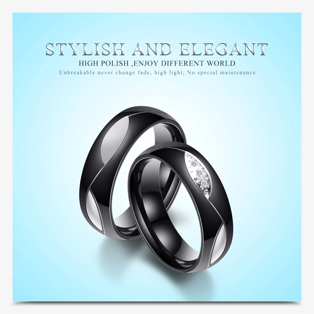 Новинка, пара колец, 316L, нержавеющая сталь, для помолвки, черные, свадебные украшения для влюбленных, ювелирные изделия, AAA CZ кольца, обручальные кольца