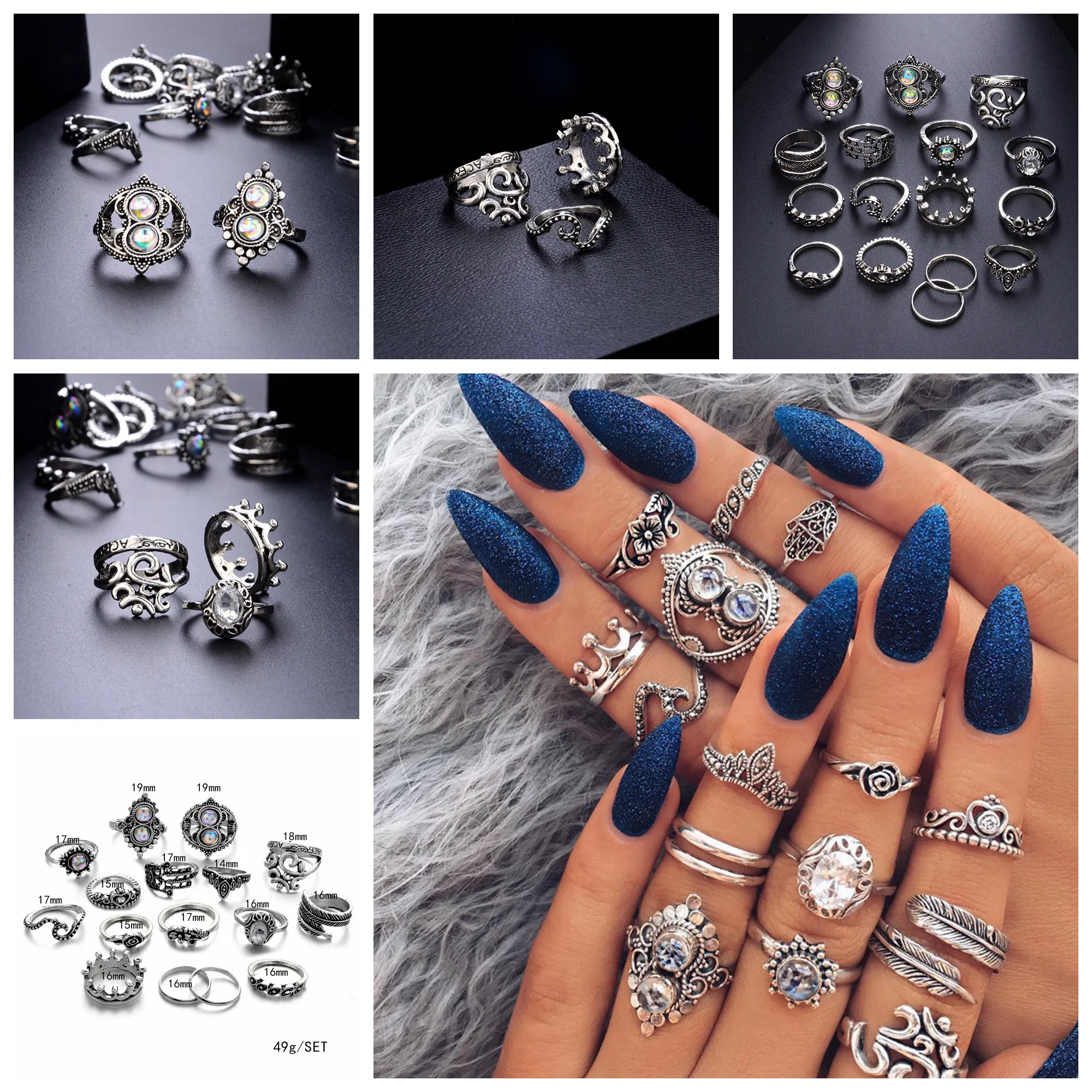 

Hsd Accessories 16 Pcs/set Women Bohemian Vintage Crown Wave Flower Heart Leaf Crystal Opal Joint Ring Party Silver Ring Set