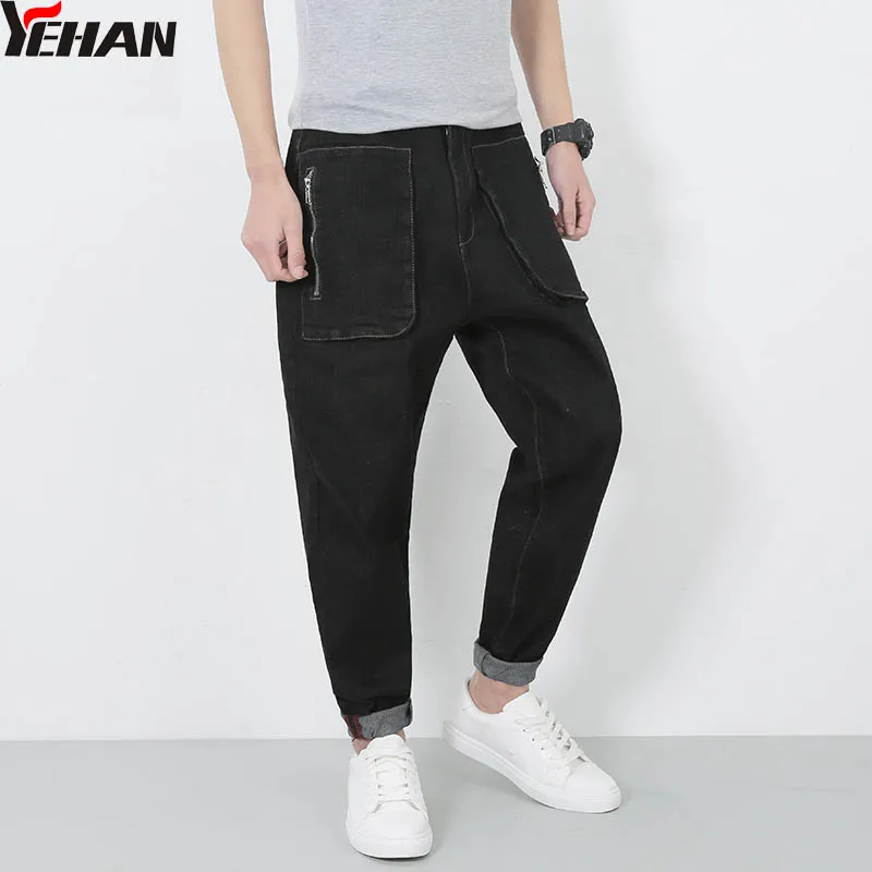 

Yehan Black Jeans Men Zipper Pockets Loose Baggy Tapered Harem Jeans Cotton Denim Jeans Homme Hip Hop Casual Trousers M-4XL