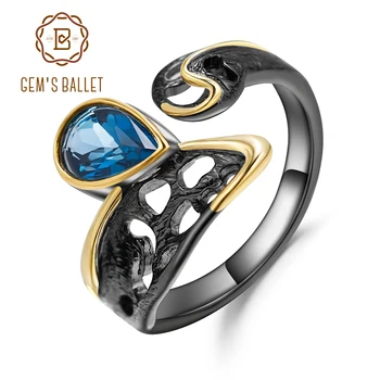 

GEM'S BALLET Natural London Blue Topaz Gemstones Ring 925 Sterling Silver Original Handmade Open Adjustable Rings for Women