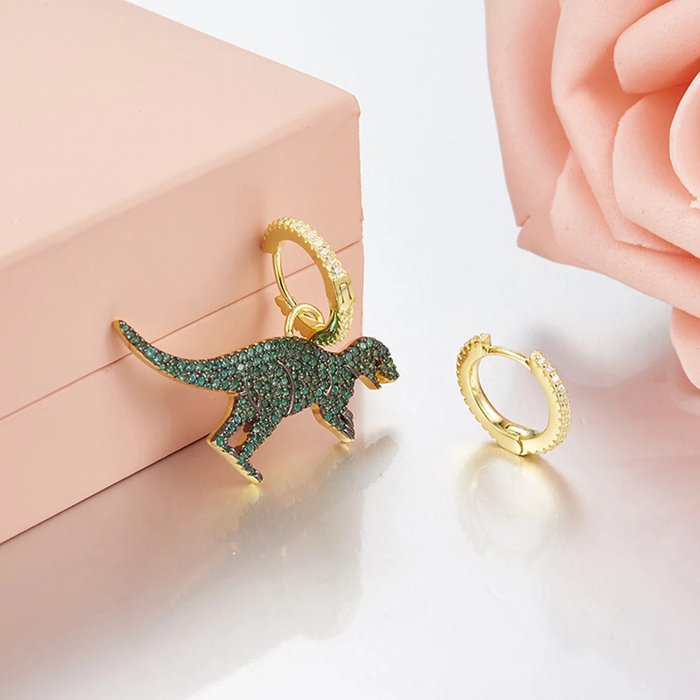 

France Monaco Brand Gold Color AAA Zircon Animal Dinosaur Asymmetric Earrings for Women 925 Sterling Pin Jewelry unique Earring