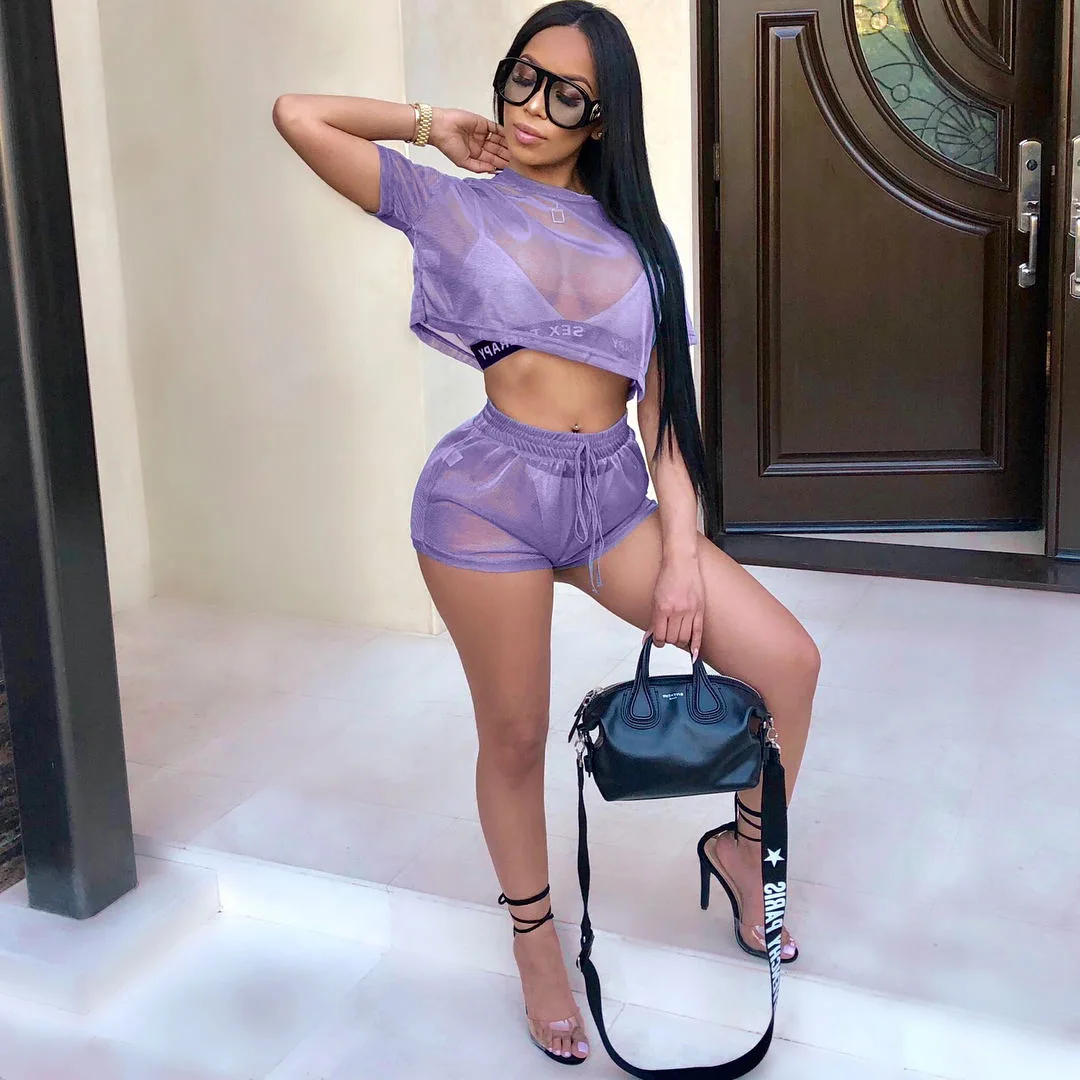 

Women 2 Piece Hollow Mesh Crop Top Shorts Set Jumpsuit Romper Short Sleeve UK