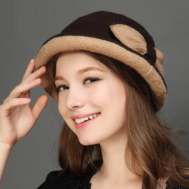 Womens Wool Hat Winter Woolen Fedoras Hat Protect Ear Warm Bowler