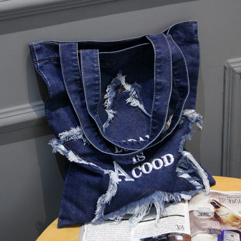 

Denim women stars reusable shopping bag cowboy fabric female tote handbag ladies book pouch bolsa feminina bolso mujer for girls