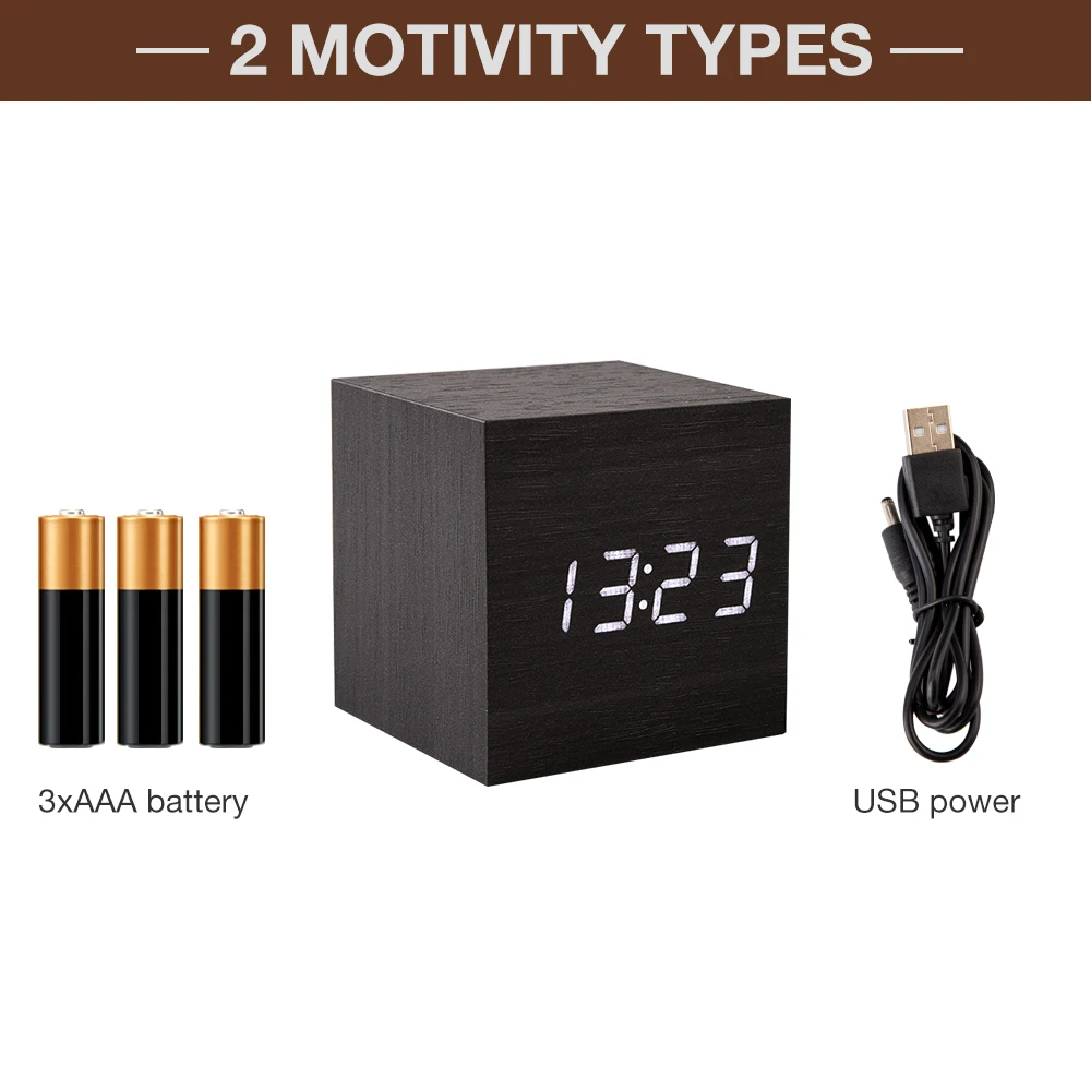  Cube Wooden Bamboo Clock Digital LED Desk Table Alarm Clock Thermometer Sounds Control LED display 
