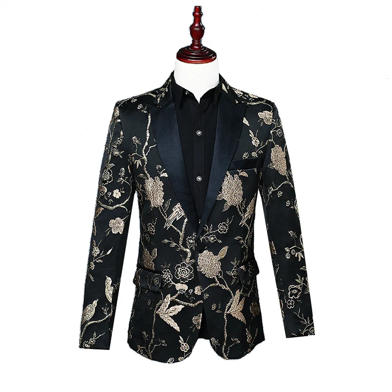 С вышивкой в китайском стиле Для мужчин костюм куртки Формальные блейзеры бар хост сценический костюм певец хор производительности пальто одежда