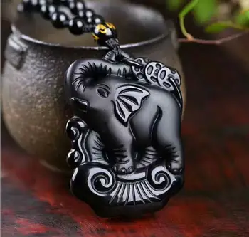 

Natural Obsidian Elephant Pendant Carved Obsidian Obsidian Lucky Ruyi Pendant Pendant Men o34#