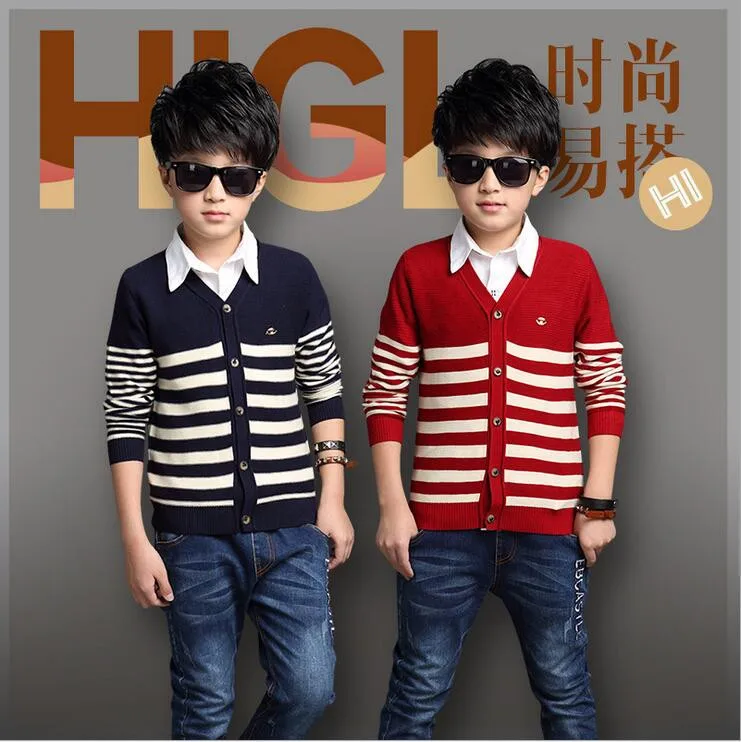 Детские свитера из хлопка высокого качества осенние вязаные кардиганы для мальчиков с v-образным вырезом в полоску; Модная одежда для детей; топы